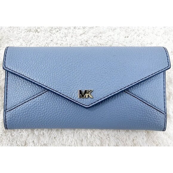 MICHAEL KORS Money Pieces Large Blue Pebble Leather Tri-Fold Envelope Wallet - Picture 2 of 16